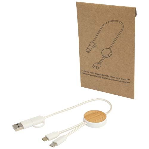 Cavo 5-in-1 in plastica riciclata da 30 cm per la sincronizzazione dei dati e la ricarica rapida da 27 W con dettagli in bambù Chechia