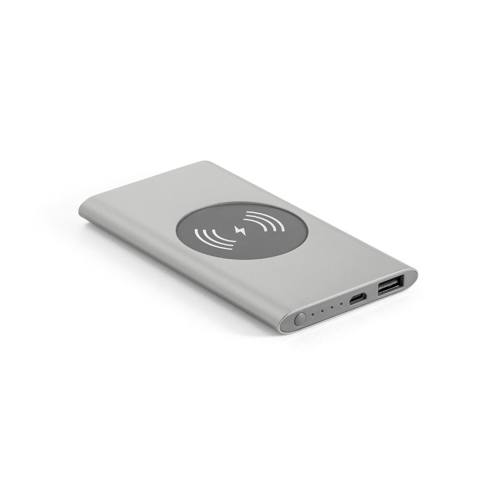CASSINI. Power bank da 4'000 mAh con caricatore wireless da 5W in alluminio riciclato (100% rAL)
