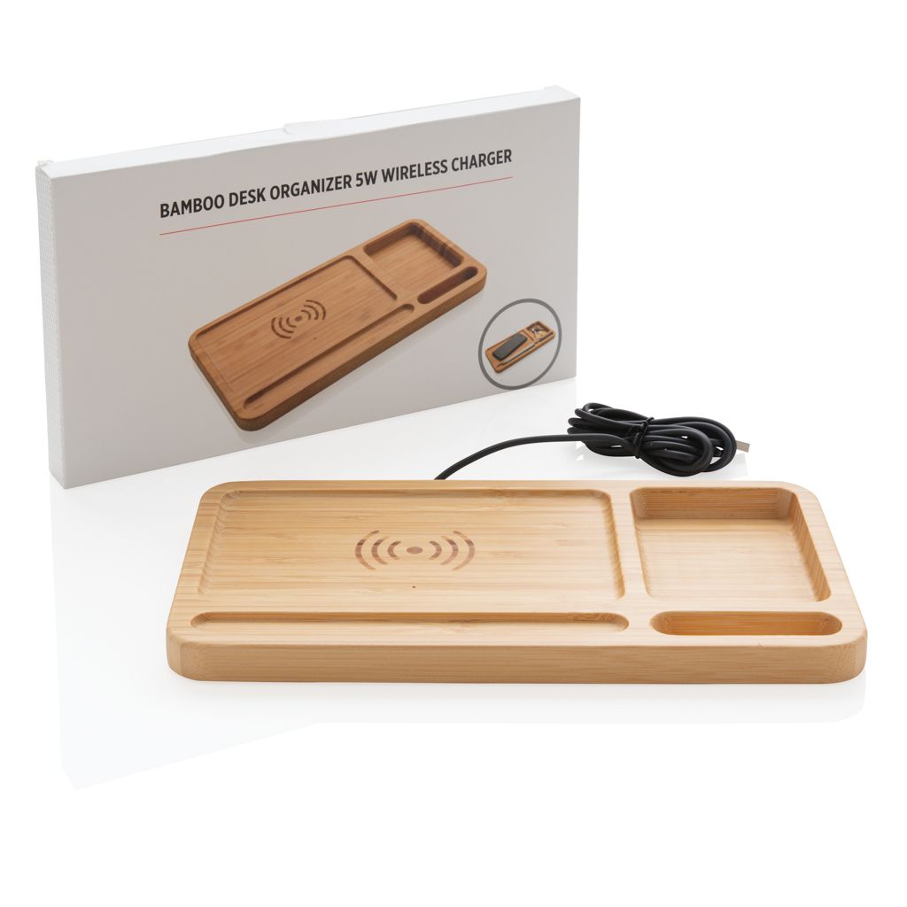 Organizer da scrivania in bambù con caricatore wireless 5W