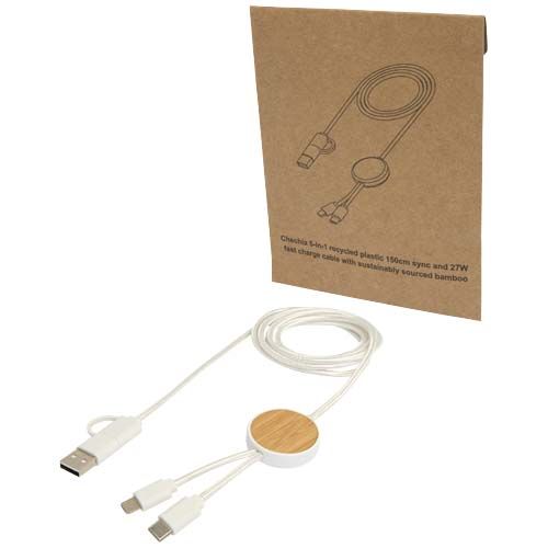 Cavo 5-in-1 in plastica riciclata da 150 cm per la sincronizzazione dei dati e la ricarica rapida da 27 W con dettagli in bambù Chechia